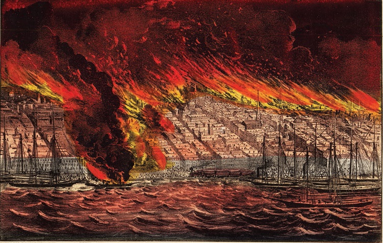 An 1871 Currier and Ives lithograph on view at the Chicago History Museum’s City on Fire: Chicago 1871 exhibition dramatically depicts the destructive path of the Great Chicago Fire. PHOTO: COURTESY OF CHICAGO HISTORY MUSEUM