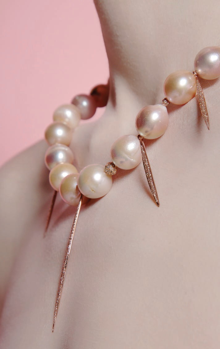 Rose gold diamond pavé spikes add surprising edge to Deux Filles’ necklace of blush semi-baroque pearls PHOTO COURTESY OF BRAND