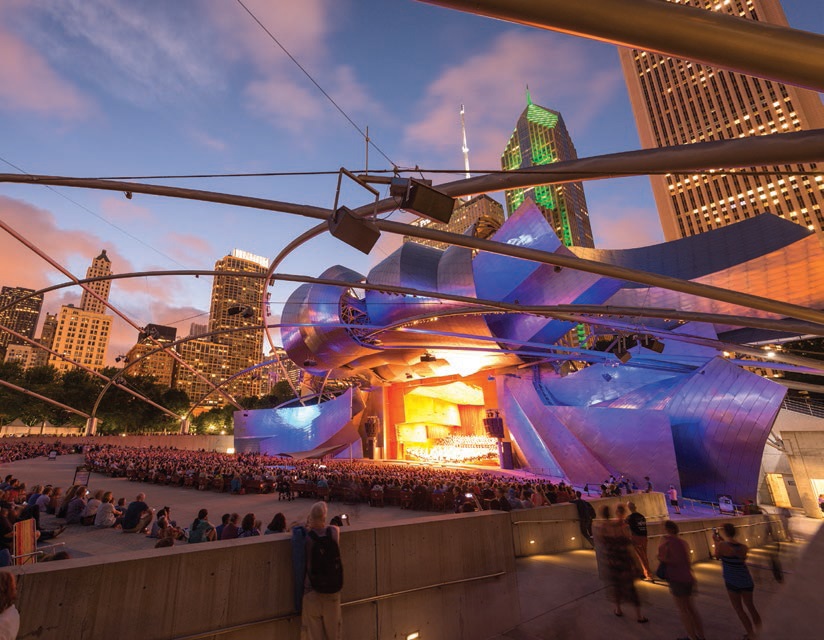 Few concert settings are more scenic than Pritzker Pavilion, which hosts the beloved annual Grant Park Music Festival each spring and summer. PHOTO: BY PATRICK PYSZKA/CITY OF CHICAGO